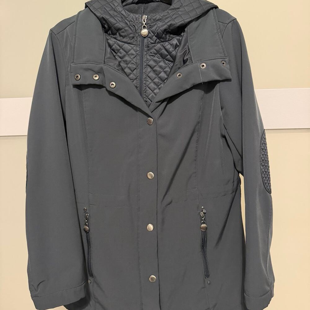 Liz Claiborne Womens Medium Gray Hooded Soft Shell Jacket Quilted Trim Coat